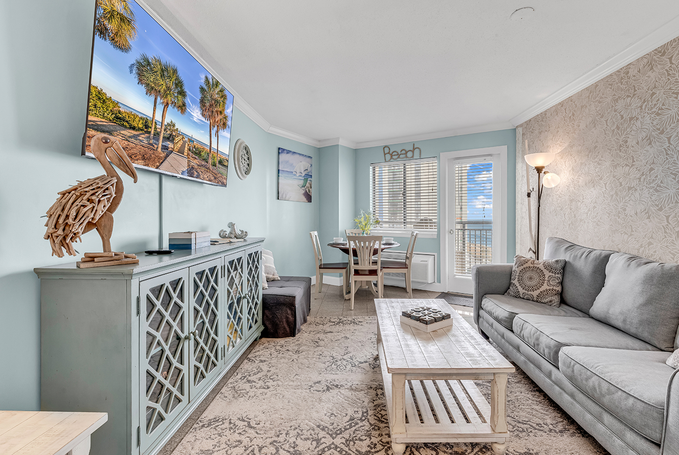 Clean coastal kitchen ready for guests